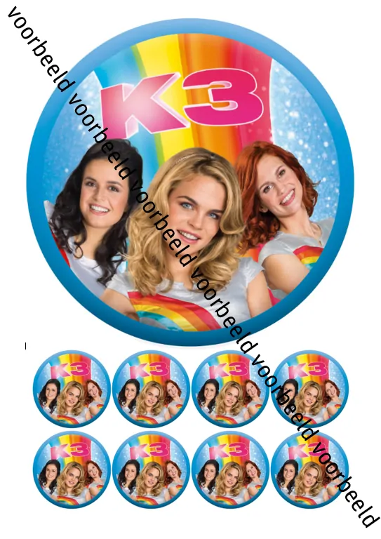 Eetbare taartprint k3 - 18 cm rond + 8 cupcake rondjes bij cake, bake & love 5 Eetbare taartprint k3 - 18 cm rond + 8 cupcake rondjes