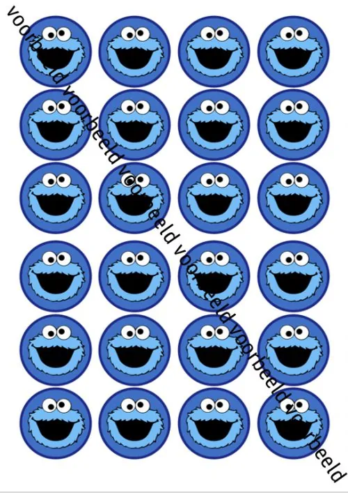 Eetbare cupcakeprint cookiemonster - 24 cupcake rondjes