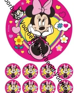Eetbare Taartprint Minnie Mouse 3 - 18 cm rond + 8 cupcake rondjes