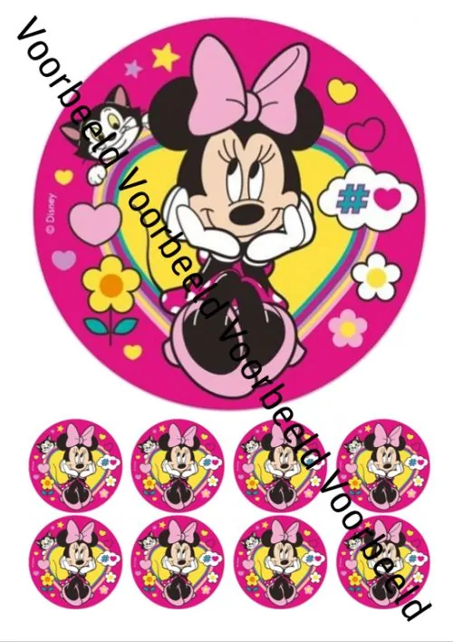 Eetbare taartprint minnie mouse 3 - 18 cm rond + 8 cupcake rondjes