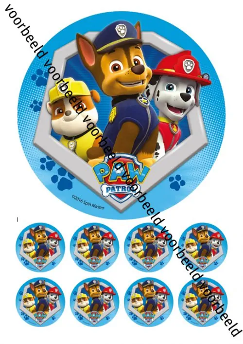Eetbare taartprint paw patrol 3 - 18 cm rond + 8 cupcake rondjes