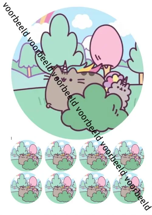 Eetbare taartprint pusheen 2 - 18 cm rond + 8 cupcake rondjes