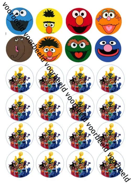 Eetbare cupcakeprint sesamstraat - 24 cupcake rondjes
