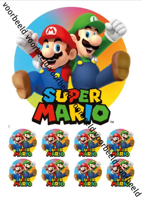 Eetbare taartprint super mario 1 - 18 cm rond + 8 cupcake rondjes