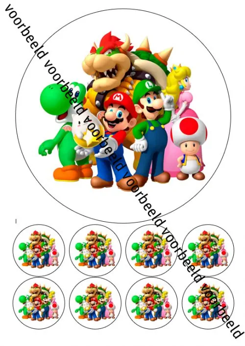 Eetbare taartprint super mario 2 - 18 cm rond + 8 cupcake rondjes