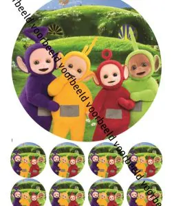 Eetbare Taartprint Teletubbies - 18 cm rond + 8 cupcake rondjes