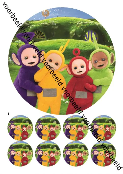 Eetbare taartprint teletubbies - 18 cm rond + 8 cupcake rondjes