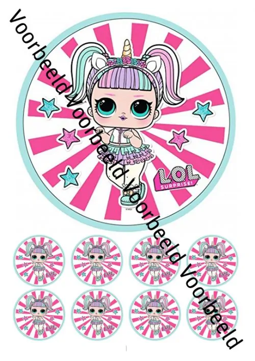 Eetbare taartprint lol surprise - 18 cm rond + 8 cupcake rondjes