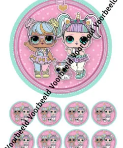 Eetbare Taartprint LOL Surprise 2 - 18 cm rond + 8 cupcake rondjes