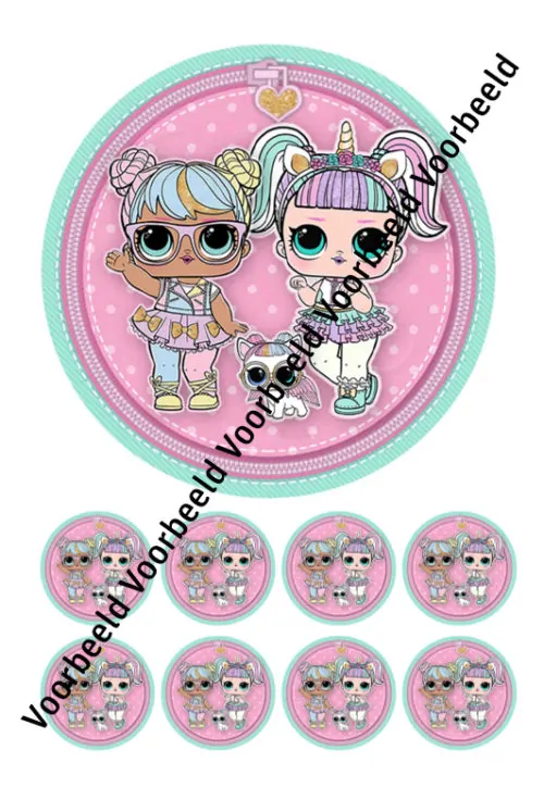 Eetbare taartprint lol surprise 2 - 18 cm rond + 8 cupcake rondjes
