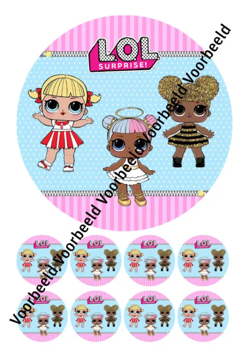 Eetbare taartprint lol surprise 4 - 18 cm rond + 8 cupcake rondjes
