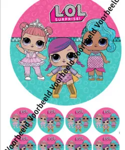 Eetbare Taartprint LOL Surprise 3 - 18 cm rond + 8 cupcake rondjes
