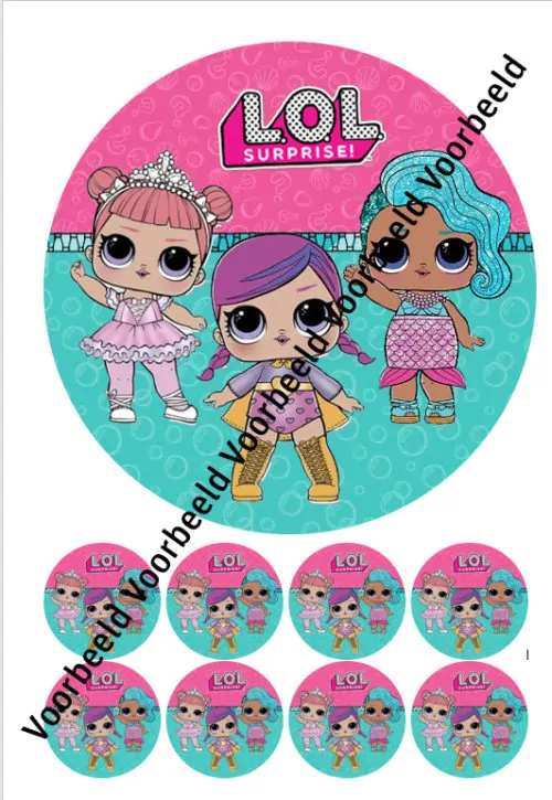 Eetbare taartprint lol surprise 3 - 18 cm rond + 8 cupcake rondjes