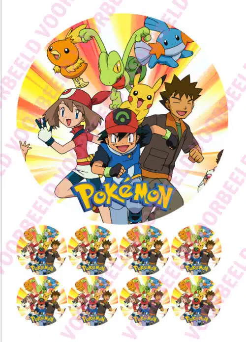 Eetbare taartprint pokémon - 18 cm rond + 8 cupcake rondjes