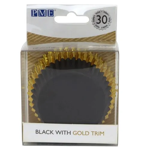 Pme foil lined baking cups black with gold trim pk/30