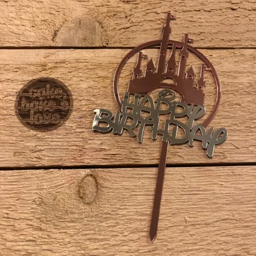 Caketopper happy birthday kasteel zilver/roze