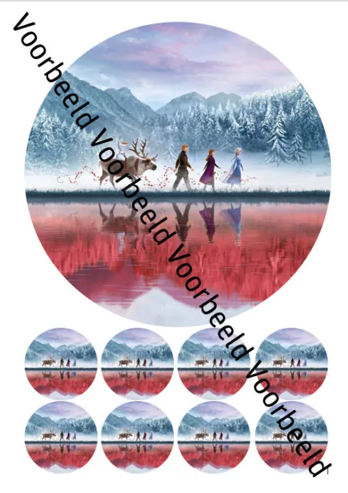 Eetbare taartprint frozen 2 3 - 18 cm rond + 8 cupcake rondjes
