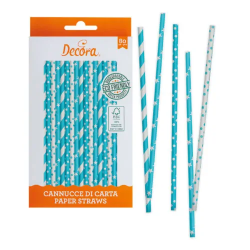 Paper straws stars & dots blue 80 stuks