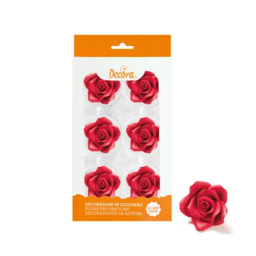 Suikerdecoraties 6 grote rode rozen 5 cm