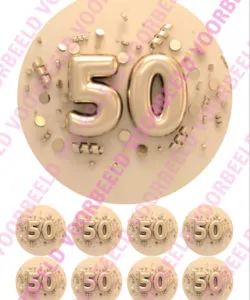 Eetbare Taartprint 50 jaar 2 - 18 cm rond + 8 cupcake rondjes