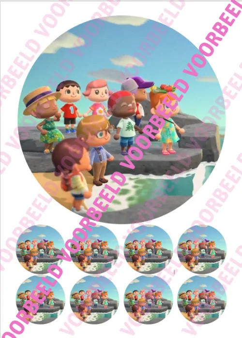 Eetbare taartprint animal crossing 1 - 18 cm rond + 8 cupcake rondjes