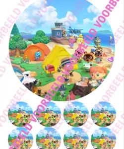Eetbare Taartprint Animal Crossing 3 - 18 cm rond + 8 cupcake rondjes