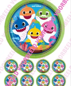 Eetbare Taartprint Baby Shark 1 - 18 cm rond + 8 cupcake rondjes