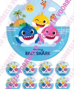 Eetbare Taartprint Baby Shark 2 - 18 cm rond + 8 cupcake rondjes
