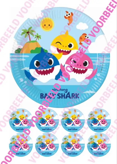 Eetbare taartprint baby shark 2 - 18 cm rond + 8 cupcake rondjes