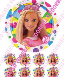 Eetbare Taartprint Barbie 1 - 18 cm rond + 8 cupcake rondjes
