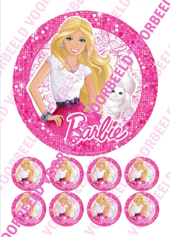 Eetbare taartprint barbie 2 - 18 cm rond + 8 cupcake rondjes bij cake, bake & love 5 Eetbare taartprint barbie 2 - 18 cm rond + 8 cupcake rondjes