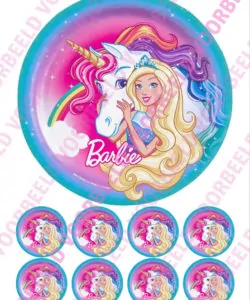 Eetbare Taartprint Barbie 3 - 18 cm rond + 8 cupcake rondjes