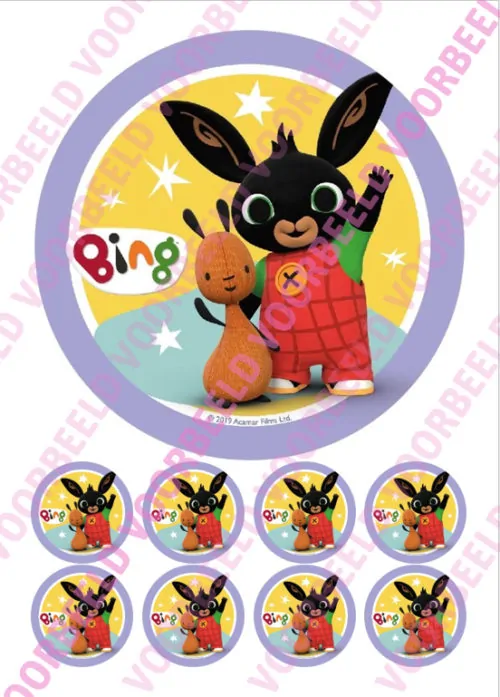 Eetbare taartprint bing 1 - 18 cm rond + 8 cupcake rondjes