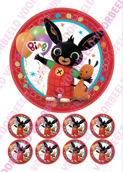 Eetbare taartprint bing 3 - 18 cm rond + 8 cupcake rondjes