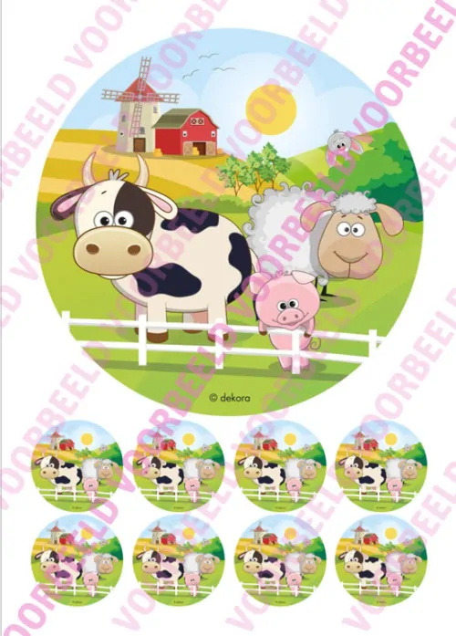 Eetbare taartprint boerderij 1 - 18 cm rond + 8 cupcake rondjes