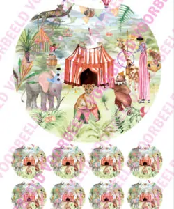 Eetbare Taartprint Circus 1 - 18 cm rond + 8 cupcake rondjes