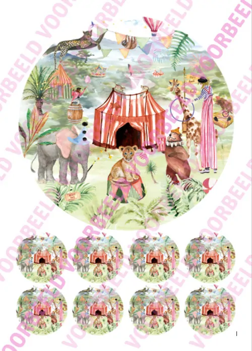 Eetbare taartprint circus 1 - 18 cm rond + 8 cupcake rondjes