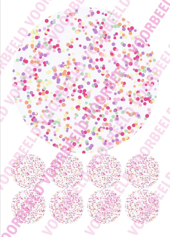 Eetbare taartprint confetti 2 - 18 cm rond + 8 cupcake rondjes bij cake, bake & love 5 Eetbare taartprint confetti 2 - 18 cm rond + 8 cupcake rondjes