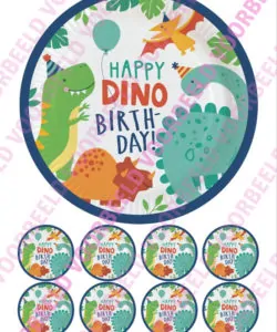 Eetbare Taartprint Dinosaurus 4 - 18 cm rond + 8 cupcake rondjes