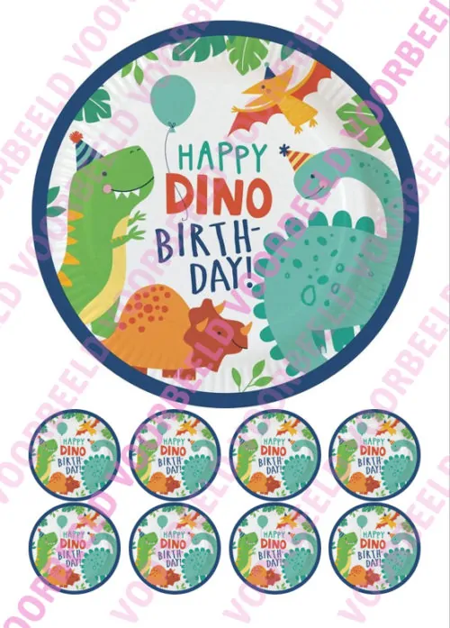 Eetbare taartprint dinosaurus 4 - 18 cm rond + 8 cupcake rondjes
