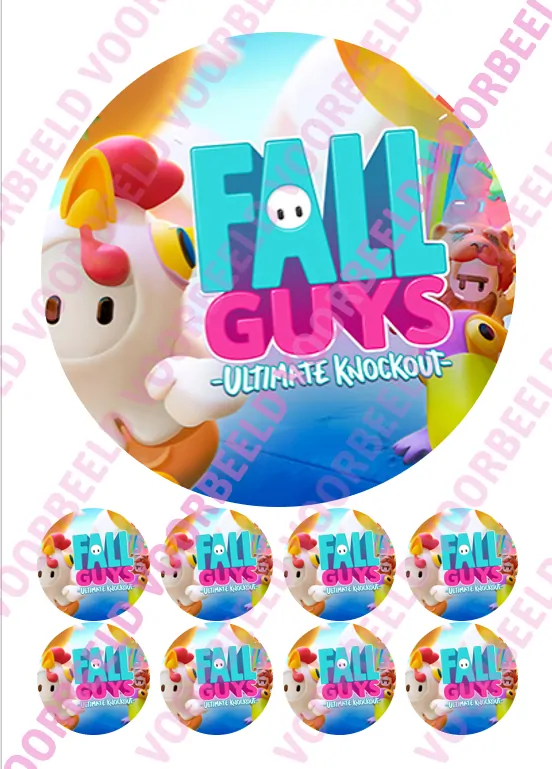 Eetbare taartprint fall guys 1 - 18 cm rond + 8 cupcake rondjes bij cake, bake & love 5 Eetbare taartprint fall guys 1 - 18 cm rond + 8 cupcake rondjes