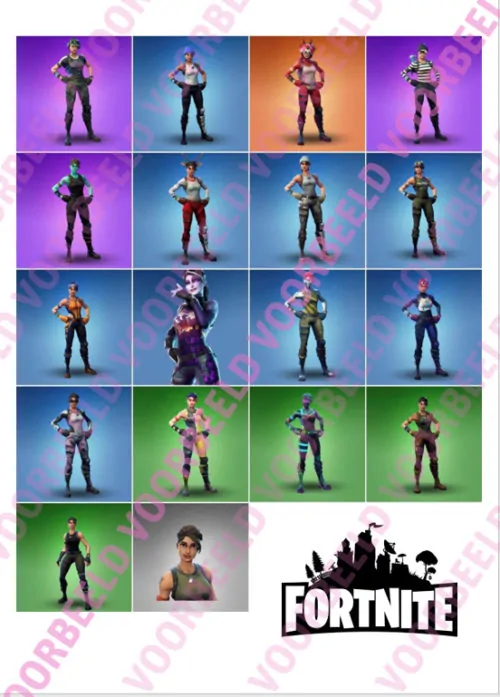 Eetbare taartprint fortnite poppetjes vierkant + logo