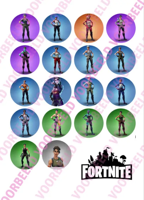 Eetbare taartprint fortnite poppetjes rond + logo