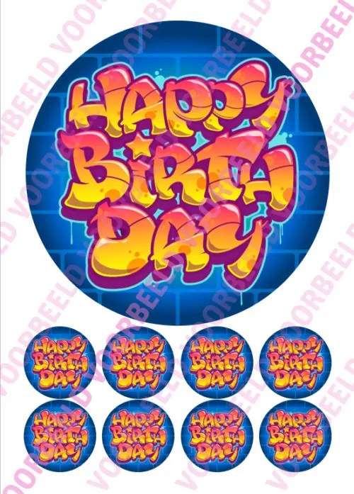 Eetbare taartprint graffiti - 18 cm rond + 8 cupcake rondjes