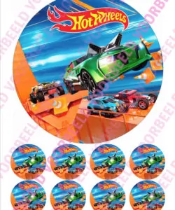 Eetbare Taartprint Hotwheels 2 - 18 cm rond + 8 cupcake rondjes