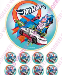 Eetbare Taartprint Hotwheels 3 - 18 cm rond + 8 cupcake rondjes