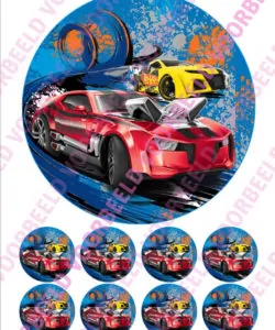 Eetbare Taartprint Hotwheels 4 - 18 cm rond + 8 cupcake rondjes