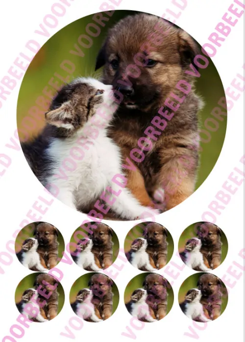 Eetbare taartprint huisdieren 1 - 18 cm rond + 8 cupcake rondjes