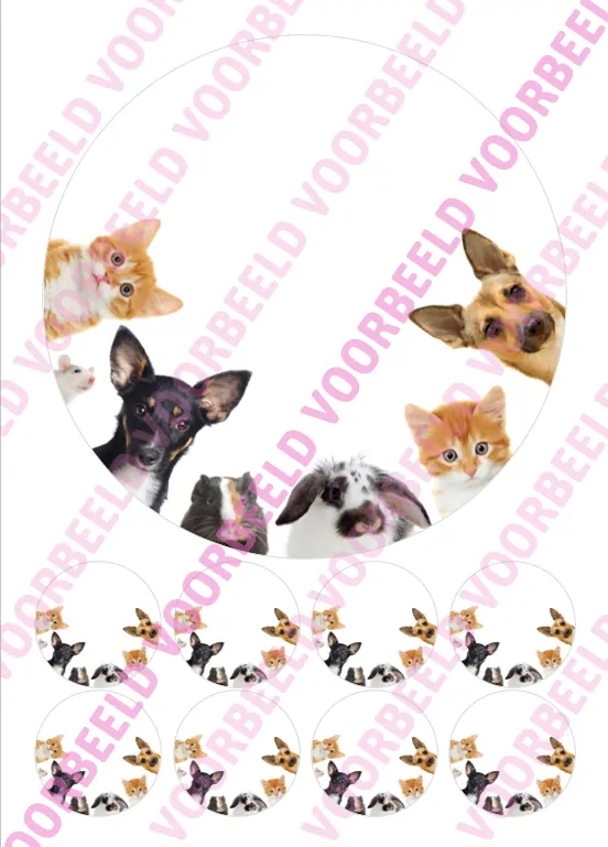 Eetbare taartprint huisdieren 2 - 18 cm rond + 8 cupcake rondjes bij cake, bake & love 5 Eetbare taartprint huisdieren 2 - 18 cm rond + 8 cupcake rondjes