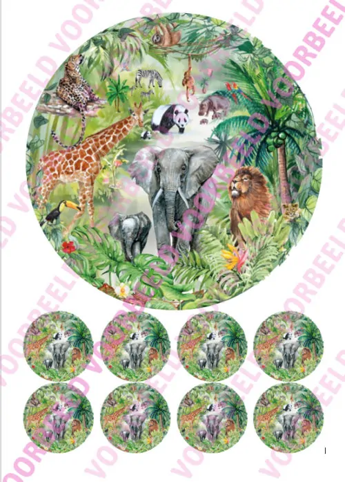 Eetbare taartprint jungle 1 - 18 cm rond + 8 cupcake rondjes